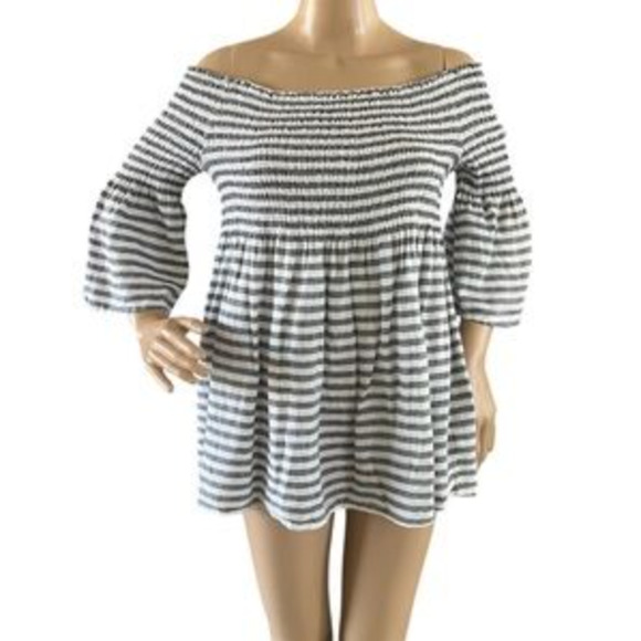 Over the shoulder elastic Smocked Striped Linen Babydoll Top bell sleeves Sz- M - Picture 2 of 5